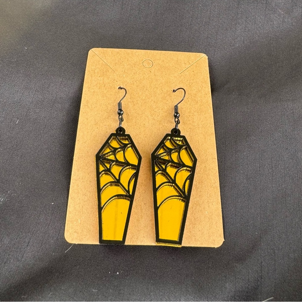 Yellow Coffin Fashion Earrings with Spiderweb